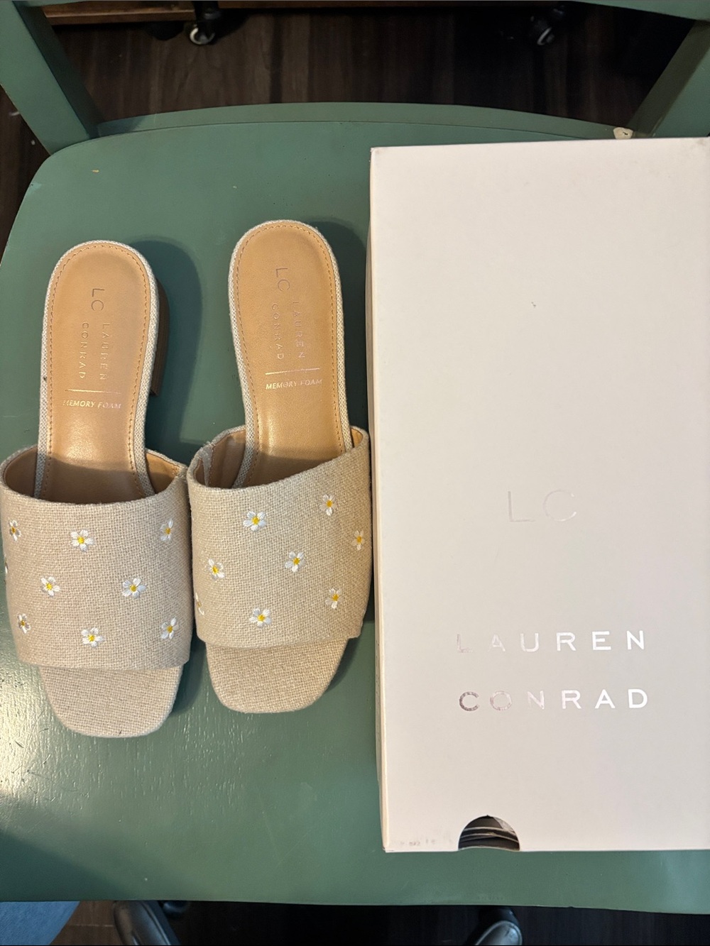 LC Lauren Conrad Beige Daisy Embroidered Slide Mules
